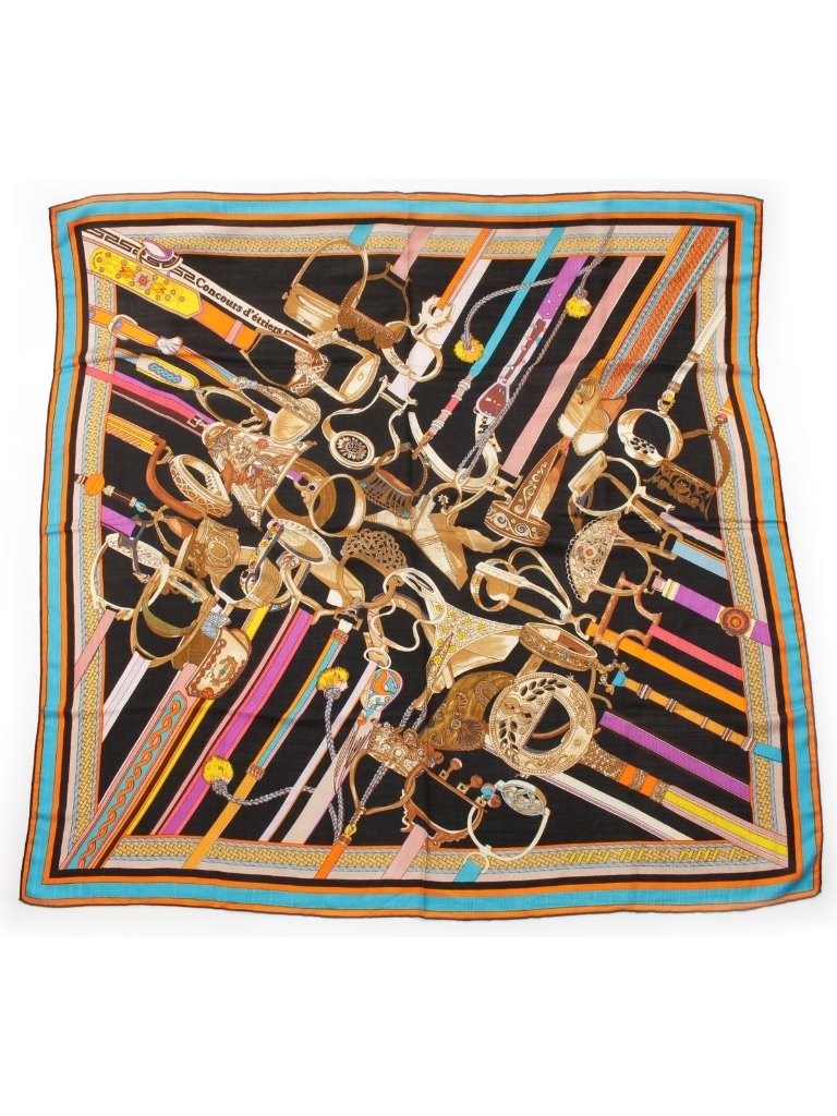 Hermes Carre Geant Cashmere Silk Concours Detriers Shawl Black Scarf